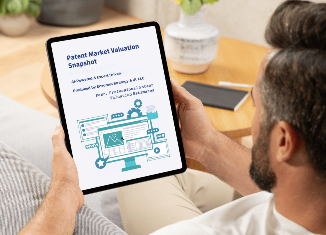 Sample Patent Market Valuation Snapshot displayed on a tablet